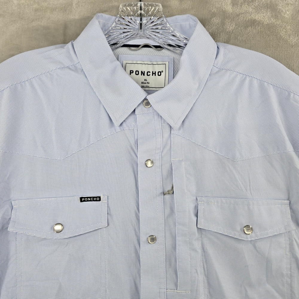 Poncho Western Shirt Mens XL Slim Blue Fishing Short Sleeve Pearl Snap